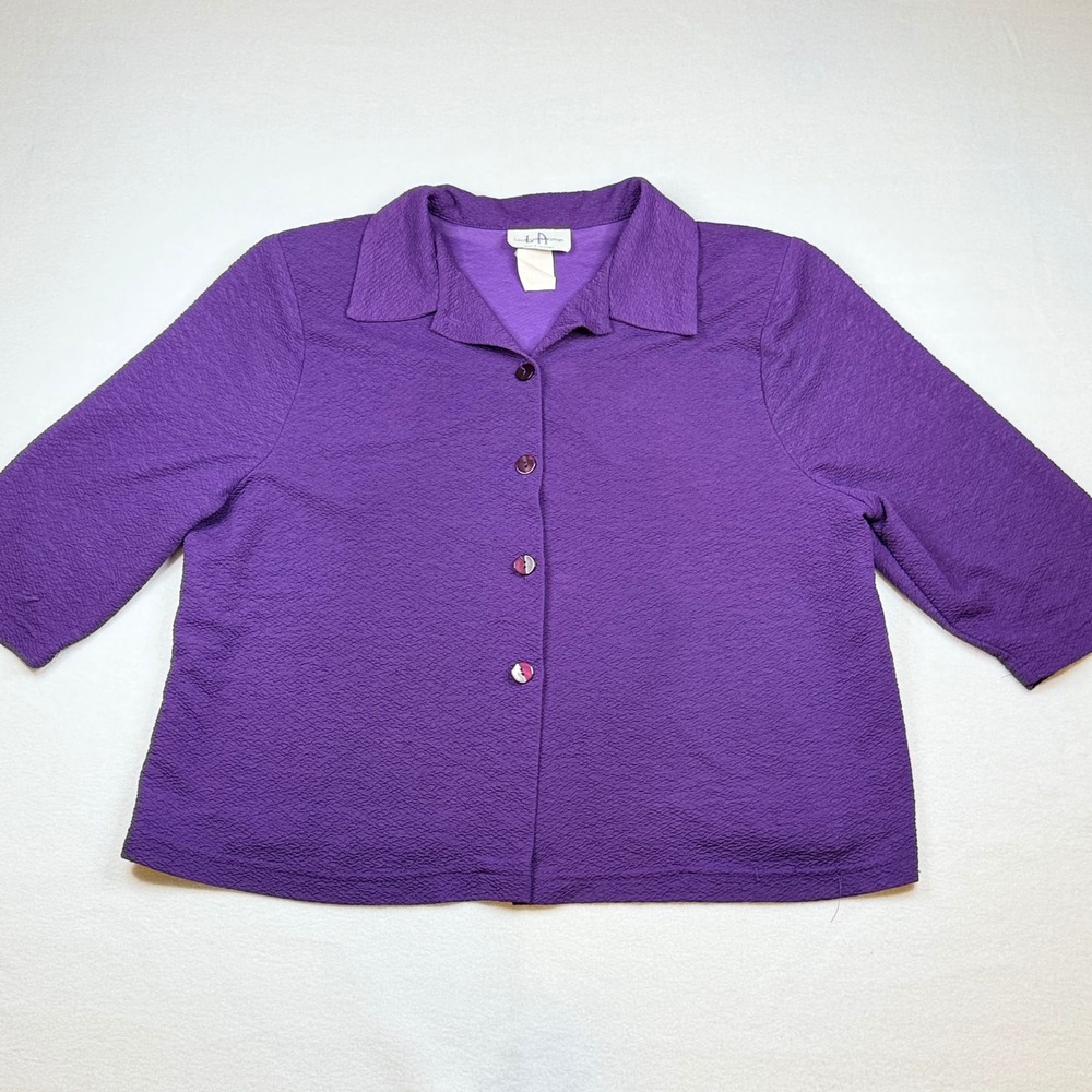 Los Angeles Woman Purple Crinkle Texture Button Front Top 3/4 Sleeve Size 18